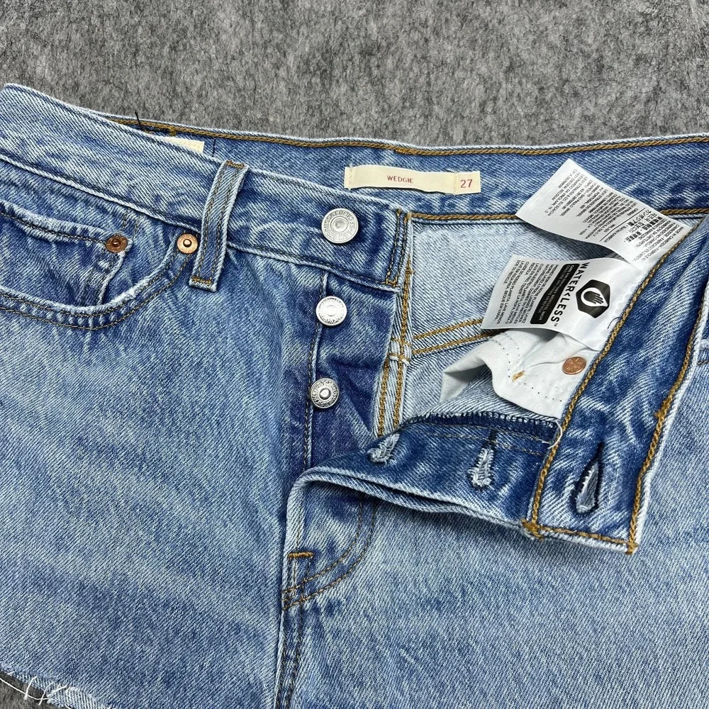 Levis Wedgie Shorts Womens 27‎ Blue Distressed Cutoff Denim High Rise Button Fly